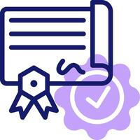 A certificate icon with a purple ribbon and a check mark vector