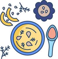 A bowl of soup with a spoon and spoon vector