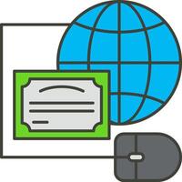 A globe, a mouse and a certificate are connected to a computer vector