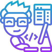 A man in glasses is working on a computer vector