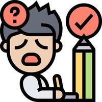 A cartoon man is sitting at a desk with a pencil and a question mark vector