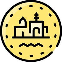 A yellow circle with a church on it vector