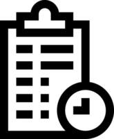 A black and white image of a clipboard with a clock vector
