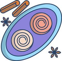 A plate with two rolls of cinnamon rolls and a spoon vector