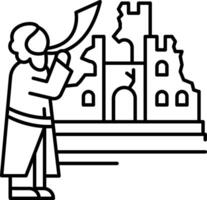 A man with a sword is standing in front of a castle vector