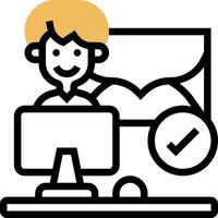 A man sitting at a desk with a computer and a check mark vector