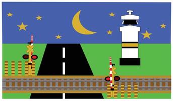 Design element illustration of night atmosphere in the middle of a road intersection with a railroad crossing. under the bright stars and moon. vector
