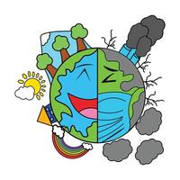World Health Day concept. Illustration of Global pollution concept. illustration of the earth in two faces, happy and sad. Happy due to nature being preserved, sad due to pollution vector