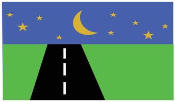 Illustration element design of a highway at night surrounded by green grass fields and accompanied by a clear sky with sparkling stars and moon. vector