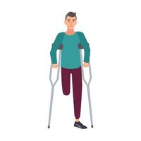 Smiling one-legged man or boy with amputated leg standing or walking with crutches. Happy male cartoon character with physical disability or impairment. Cute flat colorful illustration. vector