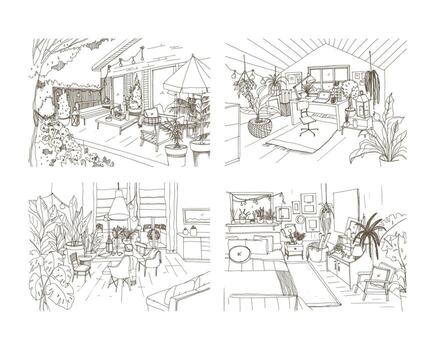 Collection of contour sketch drawings of cozy apartment furnished in Scandinavian hygge style. Set of rooms full of modern furniture. Stylish home interior design. Hand drawn illustration. vector