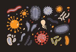 Collection of various microorganisms isolated on black background. Set of germs, pathogens, protozoa, microbes. Bundle of disease causing bacteria and viruses. Colorful flat illustration. vector
