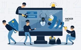 Criminals, burglars or crackers wearing black hats, masks and clothes stealing personal information from computer. Concept of hacker internet activity or security hacking. Cartoon illustration. vector