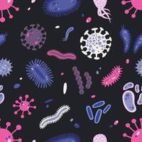 Seamless pattern with various microorganisms isolated on black background - germs, pathogens, protozoa, microbes, bacteria and viruses. Colorful flat illustration for wallpaper, backdrop. vector