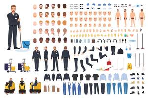 Cleaning service worker creation set or constructor. Bundle of janitor body parts, gestures, uniform and clothing, equipment, floor polisher isolated on white background. illustration. vector