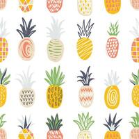 Seamless pattern with pineapples of different color and texture on white background. Backdrop with exotic tropical fresh juicy fruits. Colorful hand drawn illustration for wrapping paper. vector