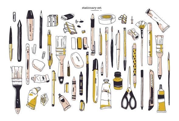 Collection of hand drawn stationery or writing utensils. Set of office and art supplies isolated on white background - brush, pen, pencil, marker, eraser, paint, sharpener. illustration.