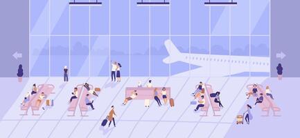 People waiting inside airport building with large panoramic windows and airplanes outside. Passengers sitting on benches and walking with baggage at terminal. Flat cartoon illustration. vector