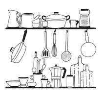 Various kitchen utensils for cooking, tools for food preparation or cookware standing on shelves and hanging on hooks on white background. illustration hand drawn in monochrome colors. vector