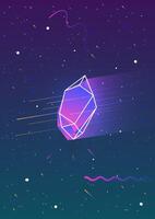 Abstract vertical backdrop with glowing gradient colored faceted crystal and its outline against beautiful night sky full of stars on background. Colorful illustration in contemporary style. vector