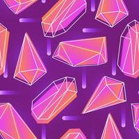 Abstract seamless pattern with neon colored crystals, minerals or faceted stones and their outlines on purple background. illustration for wallpaper, textile print, wrapping paper, backdrop. vector
