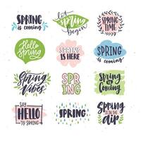 Collection of spring or springtime lettering handwritten with artistic calligraphic fonts and decorated by natural elements. Set of hand drawn creative inscriptions. Colorful illustration. vector