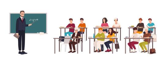 Pupils sitting at desks in classroom, demonstrating good behavior and attentively listening to teacher standing beside chalkboard and explaining lesson. Flat cartoon characters. illustration. vector