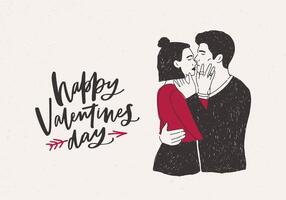 Greeting card template with pair of hugging and kissing hipster boy and girl or passionate lovers and Happy Valentine's Day wish pierced by arrow on light background. Hand drawn illustration. vector