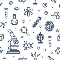 Seamless pattern with laboratory equipment, attributes of science, scientific experiment, research drawn with contour lines on white background. Monochrome illustration in line art style. vector