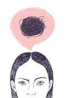 Woman s head, thought bubble and scribbles inside it hand drawn with contour lines on white background. Concept of inner confusion, difficulty, mess, chaos, chaotic mind. illustration vector