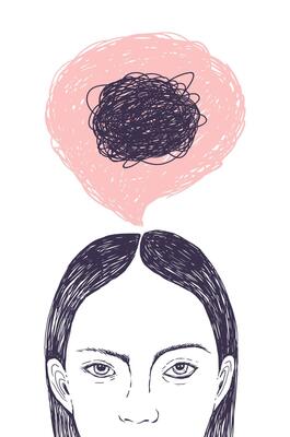 Woman s head, thought bubble and scribbles inside it hand drawn with contour lines on white background. Concept of inner confusion, difficulty, mess, chaos, chaotic mind. illustration