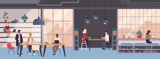 Smiling young people working on laptops in co-working area. Male and female freelance workers sitting at computers in modern open space or shared workplace. Colorful illustration in flat style. vector