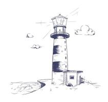 Freehand drawing of beautiful seaside landscape with lighthouse standing on rock cliff or seashore with sea and cloudy sky on background. Monochrome illustration hand drawn in vintage style. vector