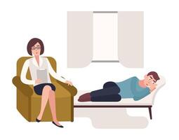 Man lying down on couch and female psychologist, psychoanalyst or psychotherapist sitting in chair beside him with notebook in hand and asking questions. Flat cartoon colorful illustration. vector