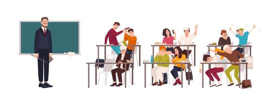 Students sitting at desks in classroom and demonstrating bad behavior - fighting, eating, sleeping, surfing internet on smartphone during lesson and teacher looking at them. Flat illustration. vector