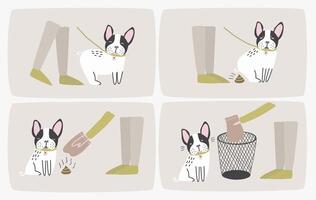 How to pick up dog poop using plastic bag and throw it in trash can, step-by-step manual or instruction. Way of cleaning up after pet during daily walk. Cute cartoon colorful illustration. vector