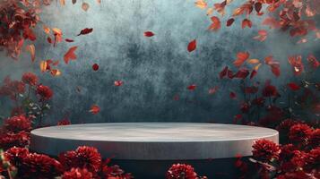 A circular stone platform sits in front of a textured blue wall. Red flowers bloom on either side of the platform. Leaves are falling from the branches above, creating a dreamy and colorful scene. photo