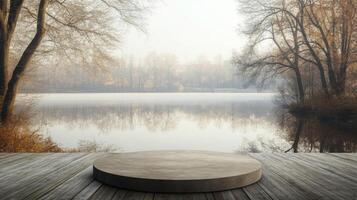 A wooden platform extends over a lake with a circular, stone surface in the foreground. Bare trees line the lake's edge, with a dense fog covering the water photo