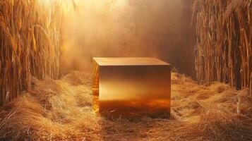 A luminous golden cube is positioned in the center of a cornfield, surrounded by straw. The evening light casts a warm glow, creating an intriguing atmosphere as dusk settles around the scene. photo