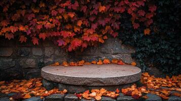 This serene spot has a smooth stone platform surrounded by vibrant autumn leaves and ivy-covered walls, making it perfect for reflection. photo