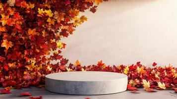 Vibrant autumn leaves in shades of red, orange, and yellow surround a circular stone pedestal, creating a warm, inviting atmosphere that captures the essence of the fall season. photo