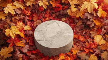 The scene features a smooth, circular stone placed at the center, surrounded by a colorful array of orange, red, and yellow autumn leaves, creating a tranquil atmosphere in nature. photo