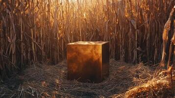A shiny metal cube stands amid a cornfield, bathed in the warm glow of sunset photo
