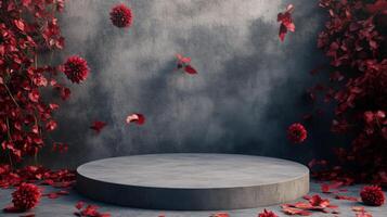 A gray pedestal is positioned in front of a gray textured wall. On the left side of the image, red flowers and vines climb the wall, with petals falling to the ground photo