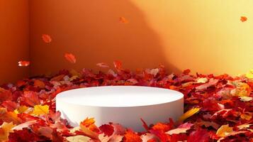 Colorful autumn leaves in shades of red and orange cover the floor around a white circular platform. The warm interior walls add to the cozy fall atmosphere, creating a tranquil and inviting space. photo