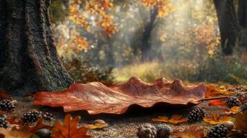 A vibrant autumn leaf lies prominently on the forest floor, surrounded by an array of acorns and scattered leaves. Rays of sunlight filter through trees, enhancing the tranquil natural setting. photo