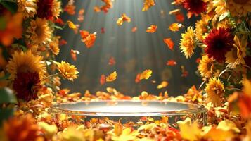 A glass platform sits in a bed of autumn leaves. Orange, red, and yellow leaves fall from the sky around the platform, casting shadows on the ground photo