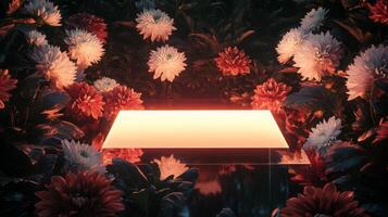 A rectangular surface glows softly at the center of a rich floral landscape filled with vibrant flowers and green leaves. The setting creates a magical and tranquil atmosphere in nature. photo