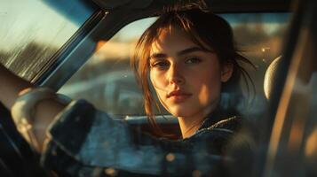 A young woman sits in the driver's seat of a car, looking thoughtfully out the window. Sunlight filters through, casting warm hues on her face as she contemplates the scenery at sunset. photo