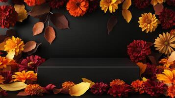 A dark display box is framed by a vibrant arrangement of autumn flowers and colorful leaves, highlighting the rich seasonal colors photo